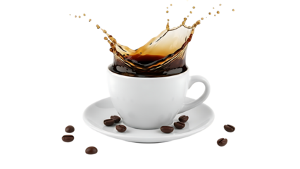 Coffee cup with splash and beans on saucer