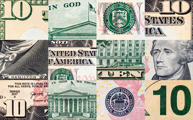 Mosaic Fragment of a banknote of 10 US dollars. Money of the United States of America. Elements of paper bills.