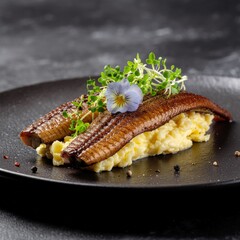 Exquisite Smoked Eel Fillets on Creamy Scrambled Eggs with Fresh Garnish for a Culinary Delight