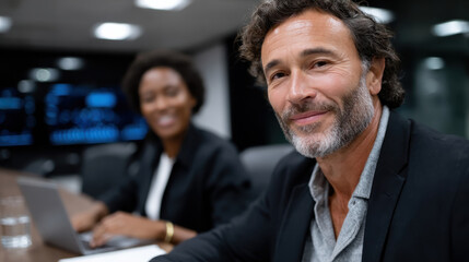 An engaged team collaborates in a stylish conference room, showcasing modern technology and professionalism for effective discussions and presentations.