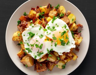 Hearty Potato Hash with Crispy Bacon and Sunny-Side Up Eggs on a Dark Background, Top View