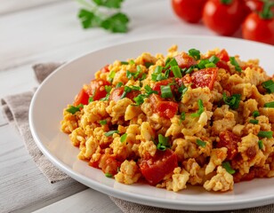 Delicious Scrambled Eggs with Fresh Tomatoes and Green Onions on a White Plate for Breakfast