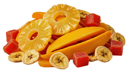 Assorted Dried Pineapple Slices Banana Chips Red Jelly Cubes Still Life.png