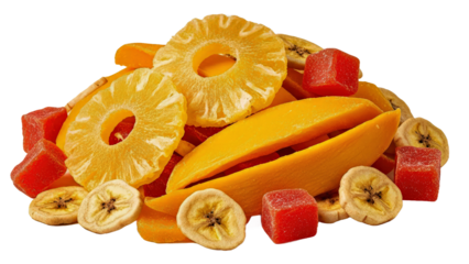 Assorted Dried Pineapple Slices Banana Chips Red Jelly Cubes Still Life.png