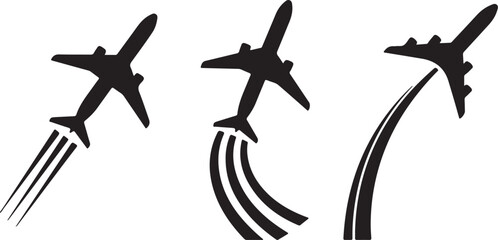 Flying airplane icon set with trail path. Aeroplane symbol vector illustration eps