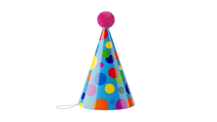 Colorful polka dot party hat with pink pompom