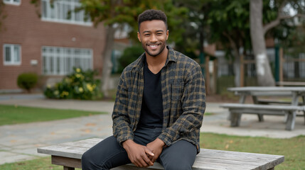 Obraz premium smiling young man sitting on wooden bench in park casual student lifestyle friendship and outdoor campus break