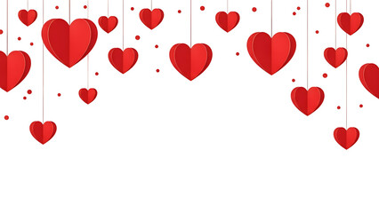 Red hearts hanging on strings with dots background