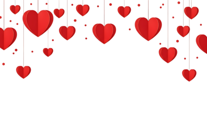 Red hearts hanging on strings with dots background