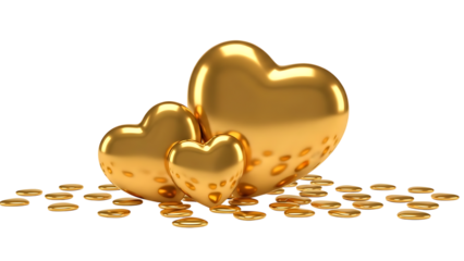 Three golden hearts with scattered coins