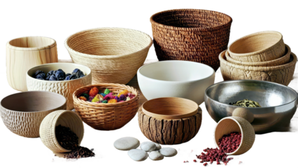 Assorted Handcrafted Wooden and Woven Bowls With Natural Stone Accents on Rustic Tabletop.png