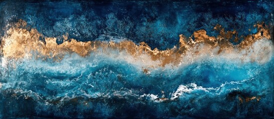 Abstract ocean wave art, gold, blue, textured background
