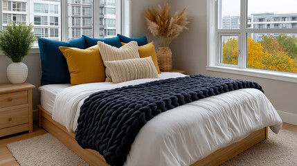 modern bedroom interior with large window yellow pillows and knitted blanket cozy home decor and apartment staging