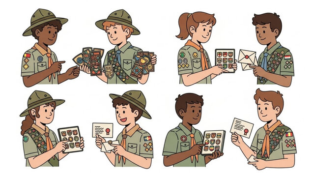 Diverse group of scouts exchanging stamps and postcards in green uniforms with badges