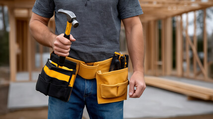 construction worker holding hammer with tool belt in wooden house frame home renovation and building services
