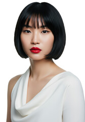 Young asian woman, sleek dark bob, bright red lips, elegant white top, confident gaze, professional white studio, soft high-key lighting, high fashion beauty portrait concept