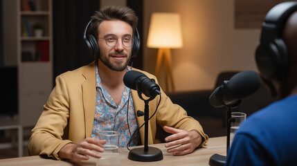 male podcaster in headphones speaking into microphone in home studio podcast interview content creation and online media