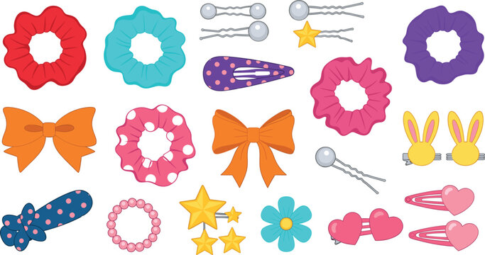Set of various hair accessories for girls, flat vector illustration of colorful scrunchies hair pins bows and clips on white background
