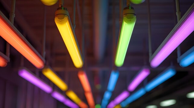 Rows of vibrant colorful fluorescent tube lights illuminate a modern ceiling creating a dynamic and futuristic atmosphere - Powered by Adobe