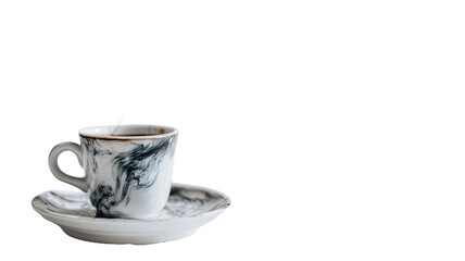 White ceramic cup of hot coffee with steam minimal beverage photography isolated on white background