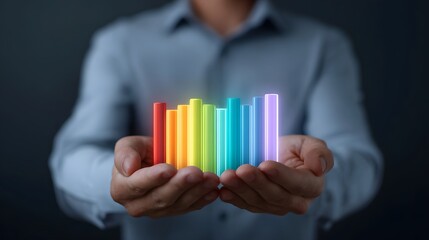 A person s hands hold a glowing multi colored bar chart representing business growth data analysis and success