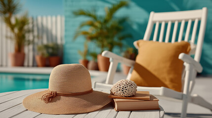 Poolside chair with hat and book summer vacation relaxation and resort lifestyle