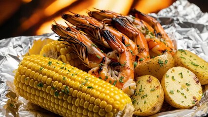 Grilled Delight: A tantalizing plate of grilled shrimp, complemented by a vibrant corn on the cob and seasoned potatoes, evokes the essence of a perfect meal