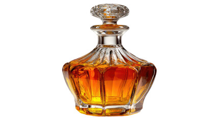 Luxury crystal glass decanter filled with amber whiskey elegant bar drink photography isolated on white background