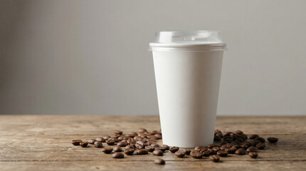 White disposable coffee cup with a clear plastic lid, surrounded by aromatic roasted coffee beans on a rustic wooden surface, representing fresh brew, morning energy, and convenient takeaway beverages