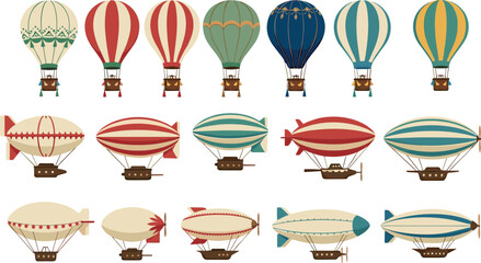 Set of vintage hot air balloons and steampunk airships, retro aviation transport vector illustration © Firoz
