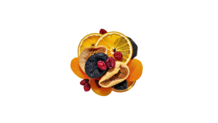 Citrus Dried Orange Slices, Dried Figs, Dried Dates, Small Dark Raisins, Ruby Red Pomegranate Arils Fruit Cluster.png