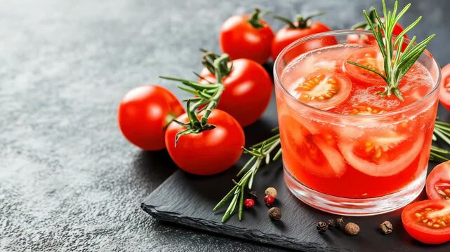 Tomato Cocktail: Refreshing tomato cocktail garnished with fresh rosemary and ripe tomatoes, perfectly capturing the essence of culinary artistry and vibrant refreshment.