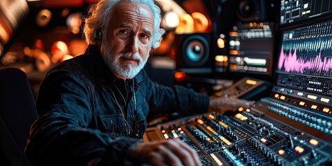 Man using large audio mixing console with digital screen and studio monitors in warm-lit recording studio. Generative by AI.