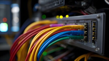 Vibrant multicolored network cables plugged into a server rack symbolizing data connectivity and IT infrastructure