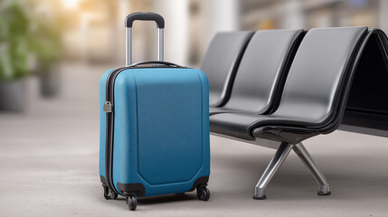 Fototapeta premium Blue suitcase next to airport seats travel luggage and modern tourism or business trip concept