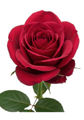 A single, perfectly bloomed deep red garden rose, intricate crimson petals, subtle green leaves, macro shot on transparent for copy space, concept of delicate floral beauty
