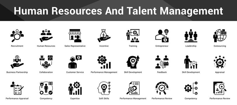 Human Resources And Talent Management Cohesive set of minimalist vector icons representing key ideas with visual clarity