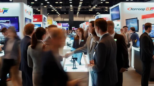 The Exhibition Buzz: A dynamic convention floor, filled with diverse attendees, buzzing with interactions, and offering a glimpse into the cutting-edge technology and services on display. 