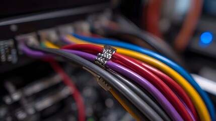 Close up view of colorful computer cables and network wires neatly organized with a metallic clip inside electronic equipment