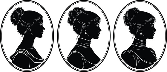Victorian women cameo silhouettes set, elegant female profile portraits framed in oval, vintage classic illustration isolated on white background design © MdMonirujjaman