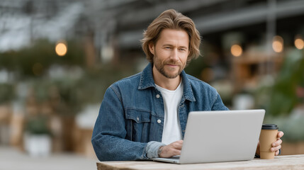 Remote worker man with laptop and coffee in outdoor cafe warm bokeh background freelancing lifestyle