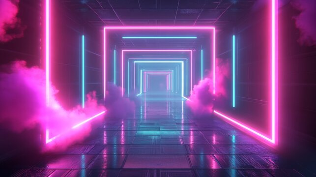 Immersive 3D rendered square archway tunnel with recursive depth illusion, neon light trails flowing dynamically through digital space, vibrant spectrum transitioning from magenta to cyan throughout