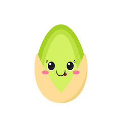 Cute pistachio, fun cartoon character, tasty and healthy nut, happy smiling face, big eyes, kawaii style, flat vector illustration.