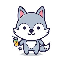 Fototapeta premium Cartoon Wolf Drinking Juice Illustration