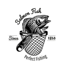 Salmon Fish in Landing Net Monochrome Vector Illustration