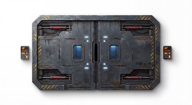 Detailed 3D render of a weathered, rusty sci-fi industrial blast door with hydraulic pistons, glowing panels, and access keypads, isolated on white.