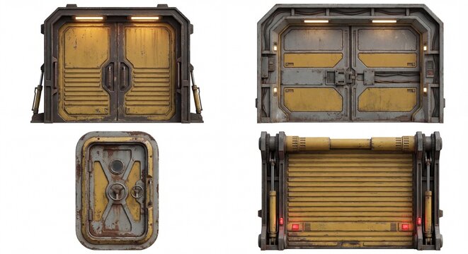 Isolated collection of four distinct sci-fi industrial doors. Features include heavy metal textures, yellow panels, and illuminated details, perfect for futuristic or dystopian themes.