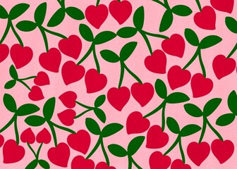 Sweet Valentine's Day background with red cherries with heart shape pattern. Postcard and banner website for Valentine's Day, wedding and romantic details. 