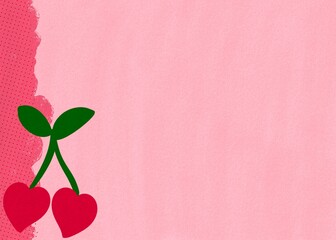 Sweet Valentine's Day background with two red cherries with heart shape. Postcard and banner website for Valentine's Day, wedding and romantic details.
