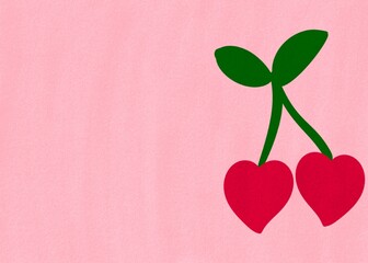 Sweet Valentine's Day background with two red cherries with heart shape. Postcard and banner website for Valentine's Day, wedding and romantic details.